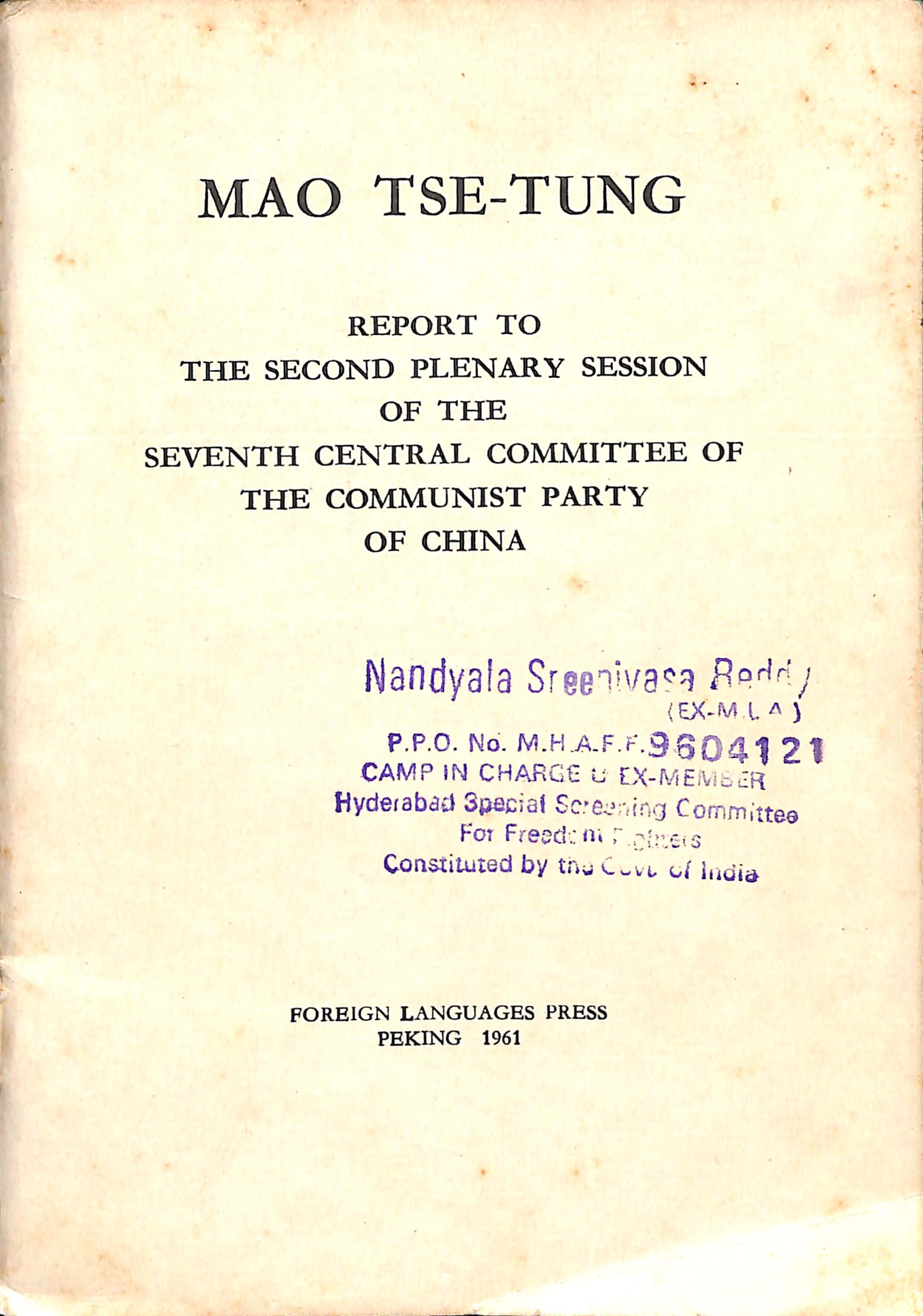 MAO TSE - TSE  report tp the second plenary session of the 7th central commitee of the communist party of china