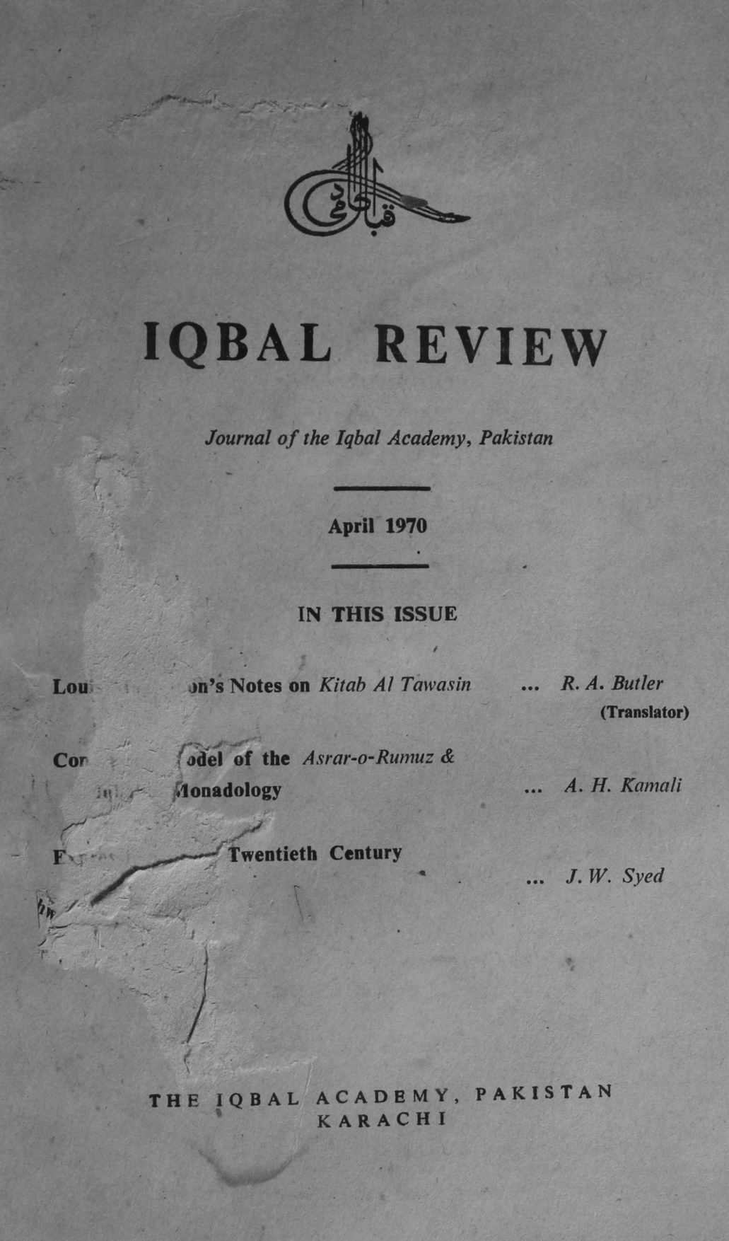 Iqbal Review Jild 11 No 1 April 1970