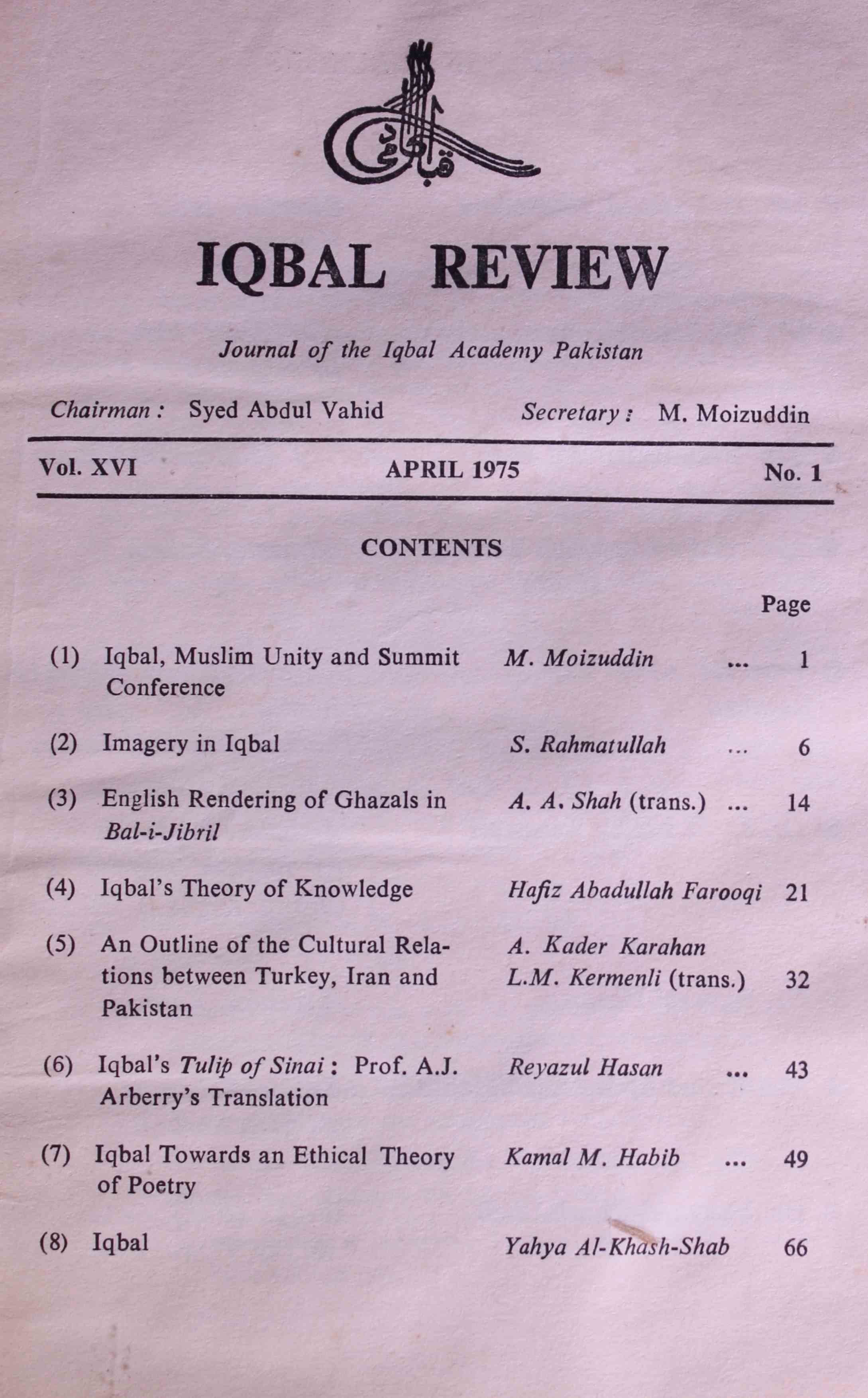 Iqbal Review Jild 16 No 1 April 1975