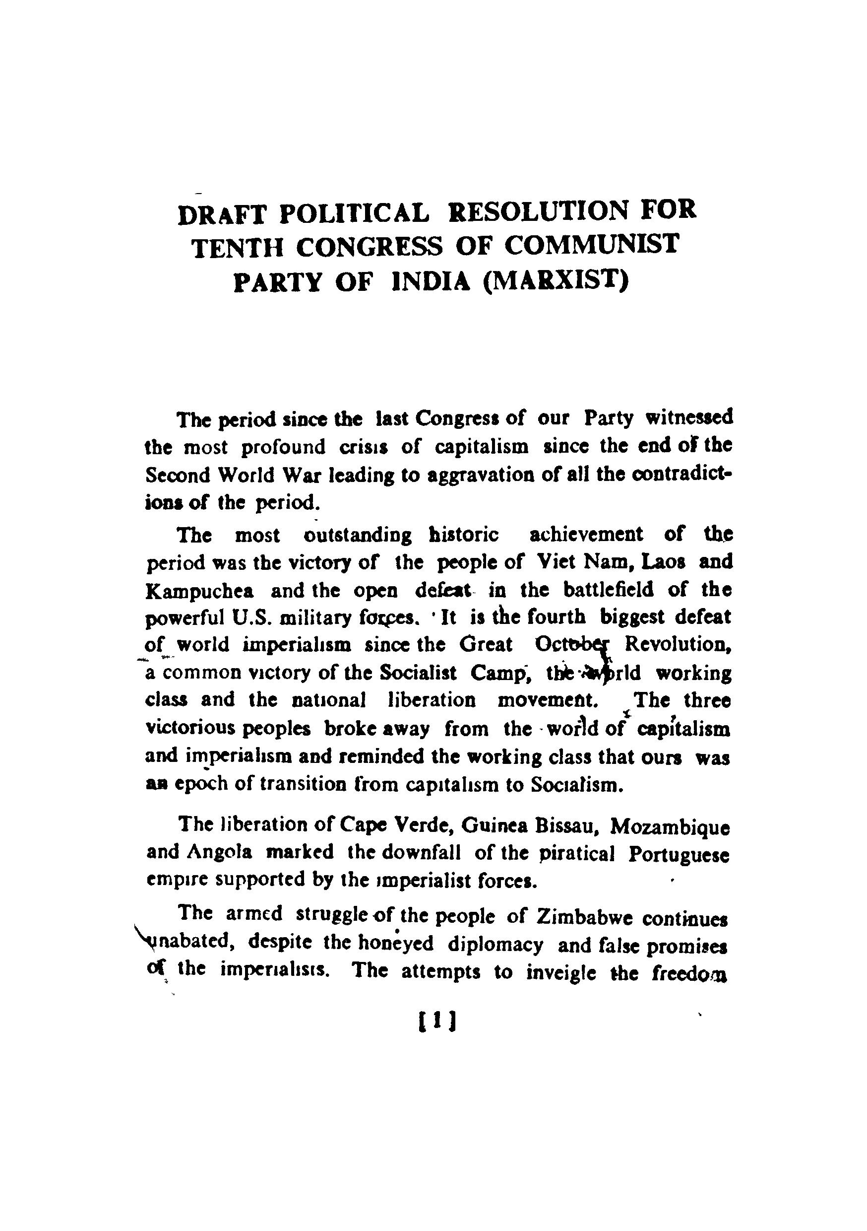 Draft Political Resolution for 10th congress party of india (Marxist)