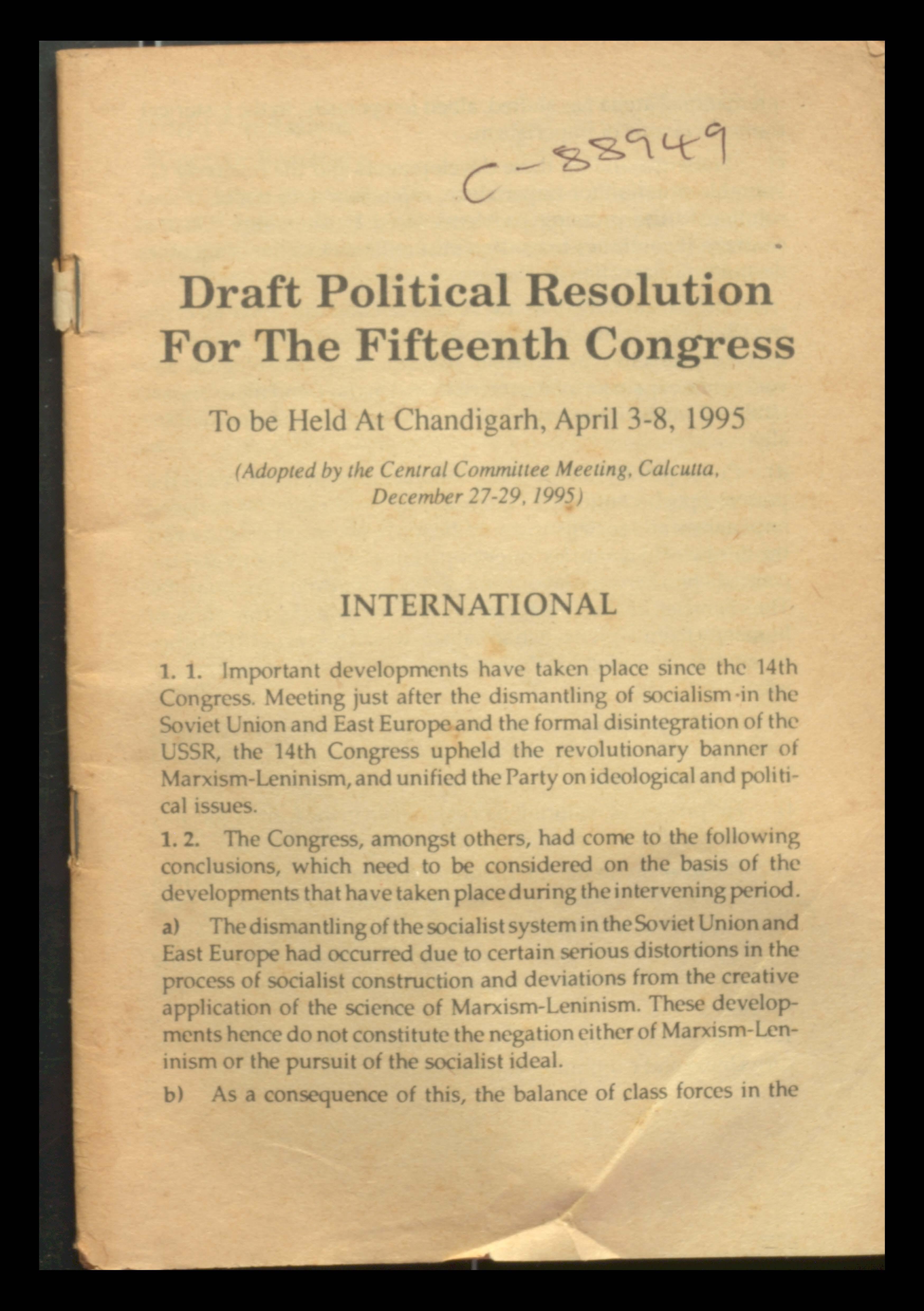 Draft Political Resolution for the 15th  Congress