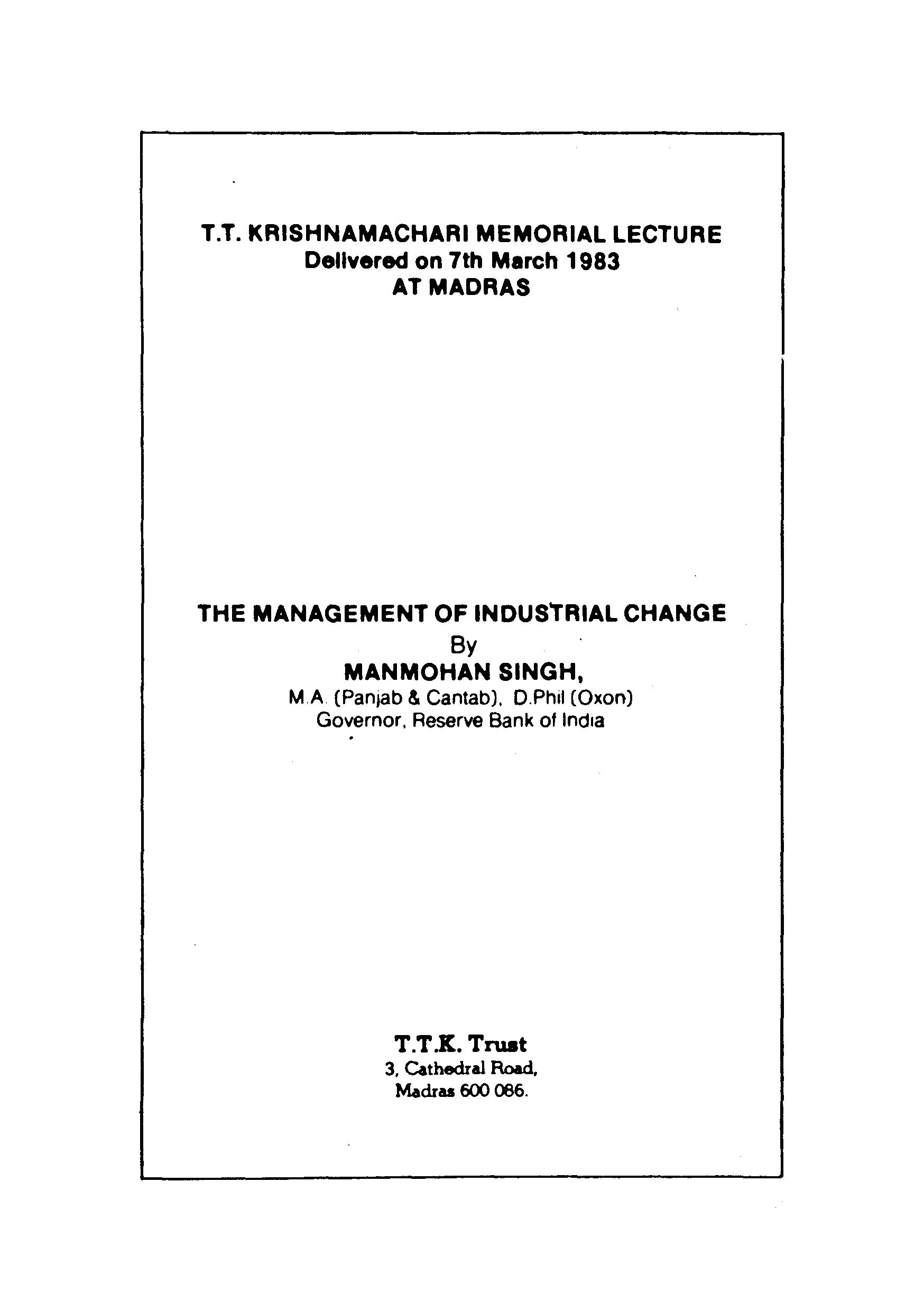 T.T.Krishnamachari Memorial Lecture Delivered On 7th March 1983 At Madras