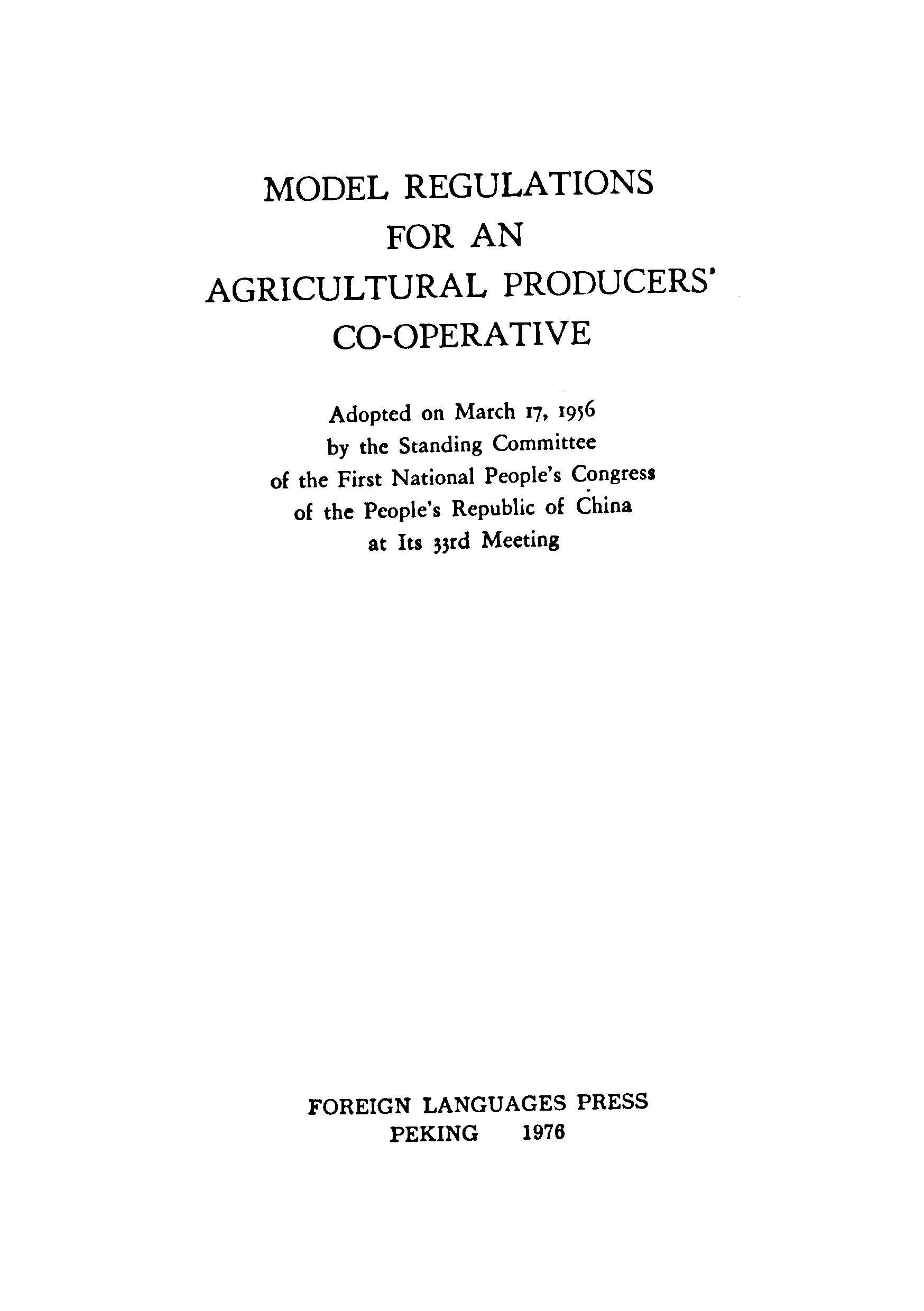 MODEL REGULATIONS FOR AN AGRICULTURAL PRODUCERS CO-OPERATIVE