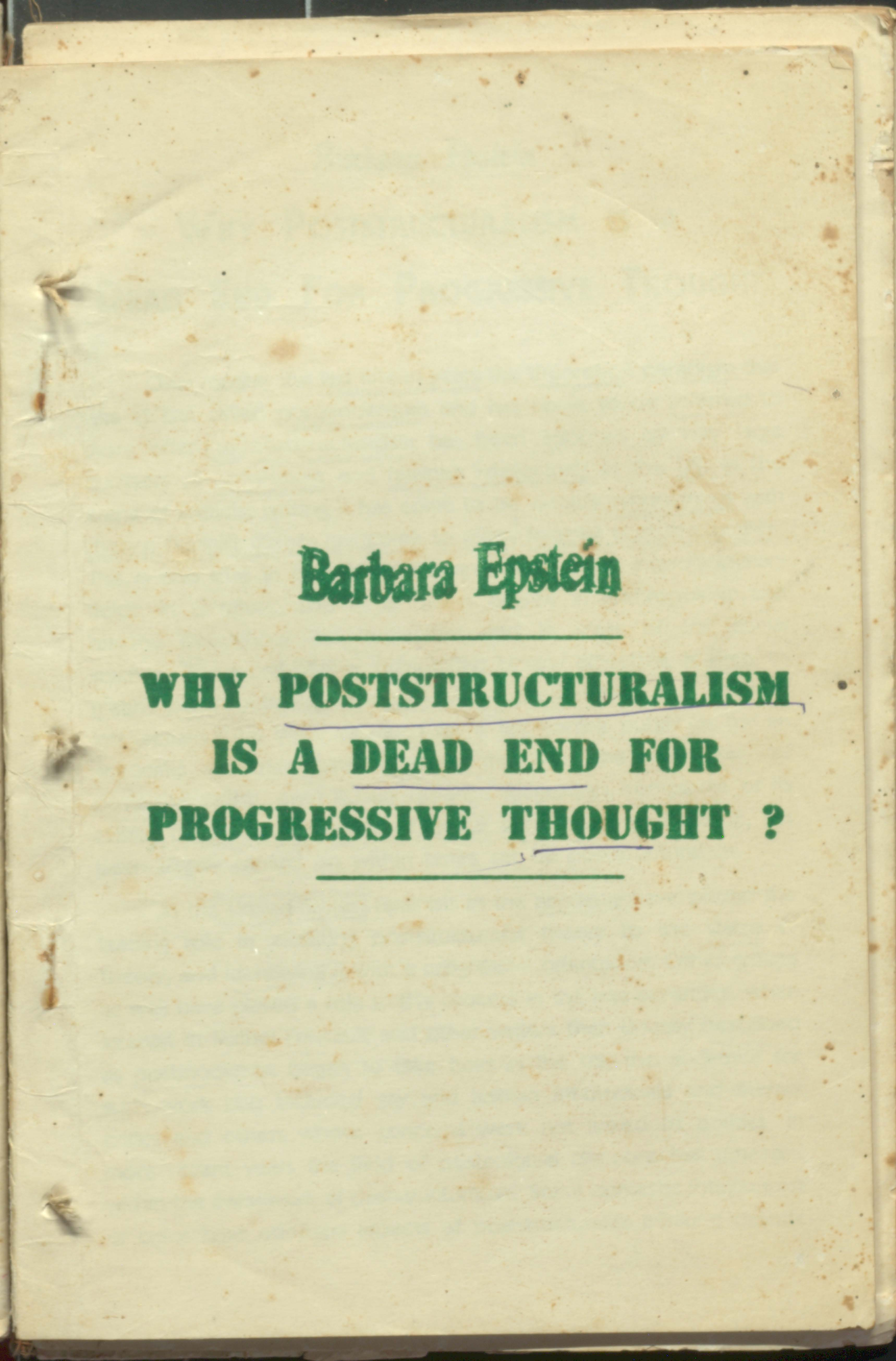 Barbara epstein why poststructuralism is a dead end for progressive thougot?