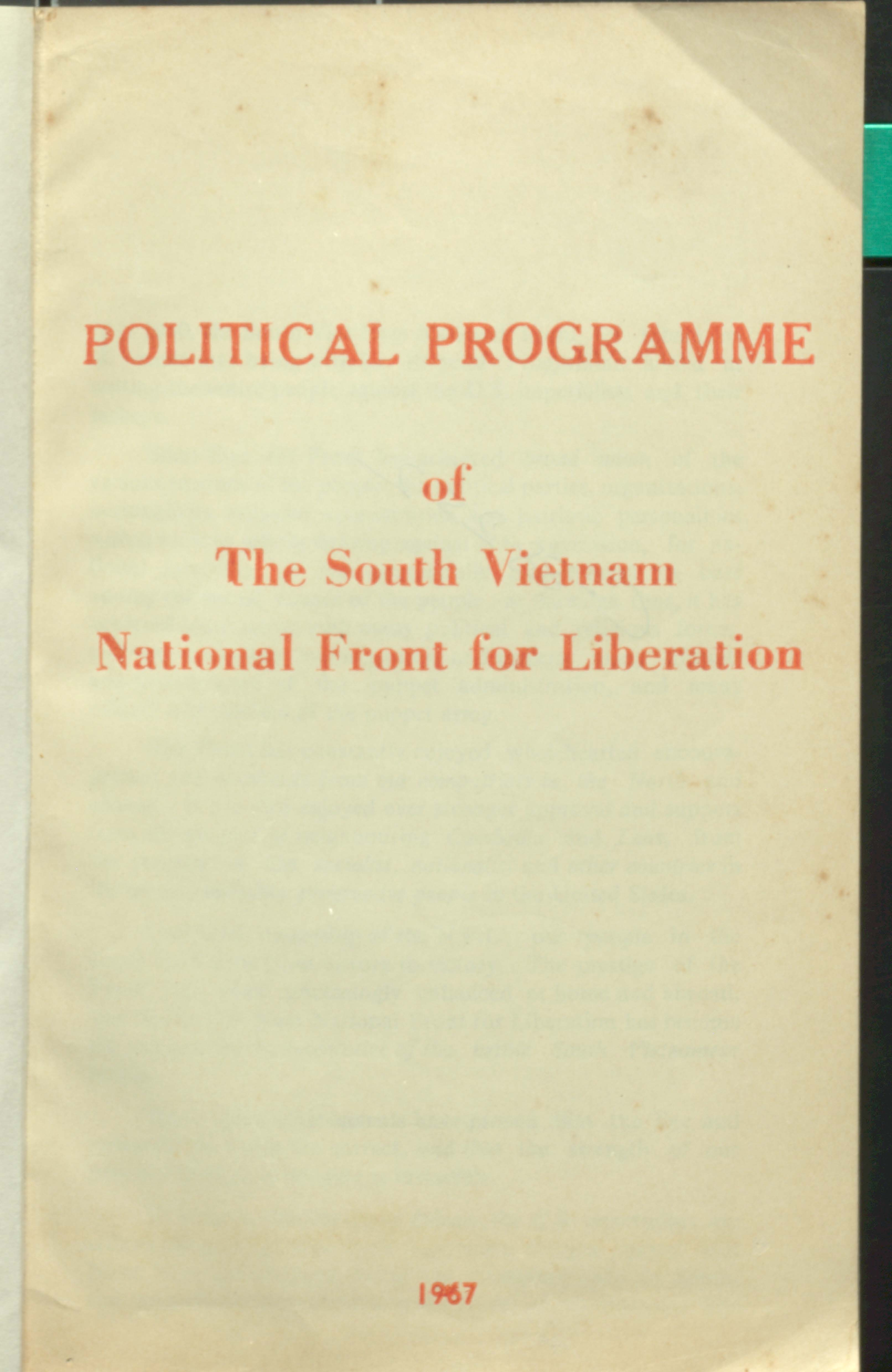 Political Programme Of The South Vietnam National Front For Liberation