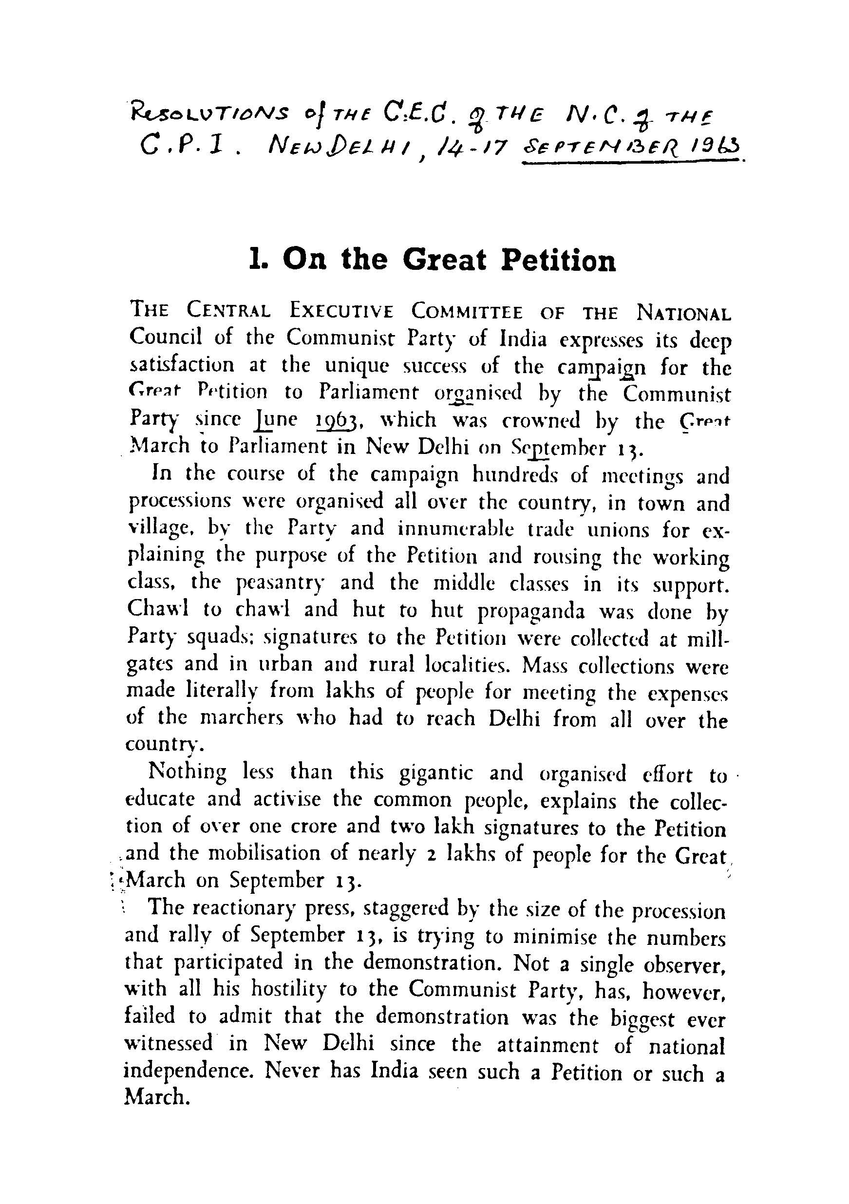 Resolutions of the C.E.C of the N.C of the C.P.I new delhi, 14-17 september 1963